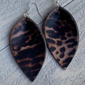 Brown Leopard Hair On Leather Earrings. NEW WITH TAGS